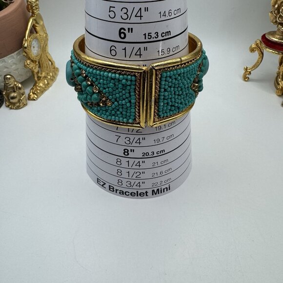 Modern Beaded Cuff Bracelet Turquoise Gold Tone Boho Statement Wide Bangle - Picture 5 of 7